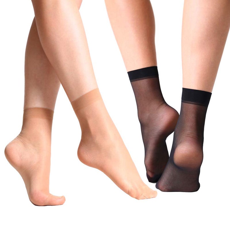 MANZI 12 Pairs Nylon Pantyhose Socks Ankle Sheer Hosiery One Size Natural with Black - Image 3
